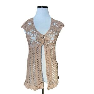 Y2K Crochet Babydoll Vest Size M Neutral Boho Indie Open Knit Coastal Festival